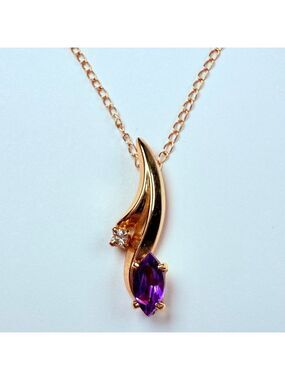 Estate 14K Gold Art Nouveau Revival Amethyst & Natural Diamond Pendant Necklace